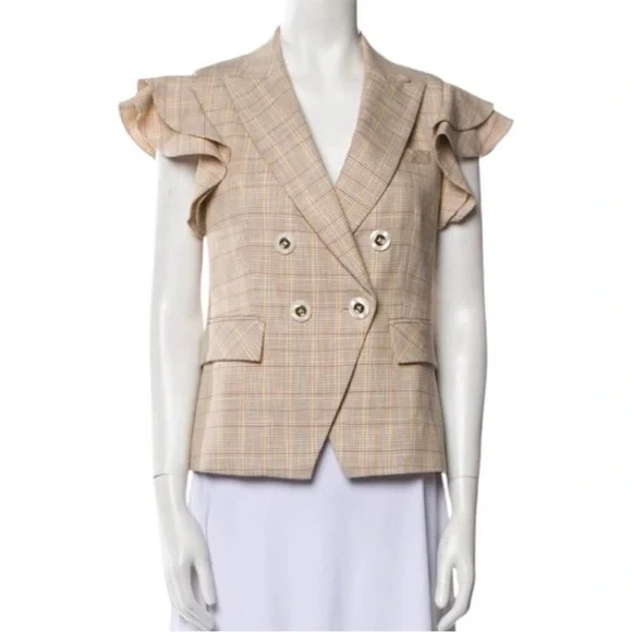 $595 Veronica Beard Janae Plaid Ruffle Blazer Jacket Button Up Khaki Multi Sz 00 - Picture 12 of 14